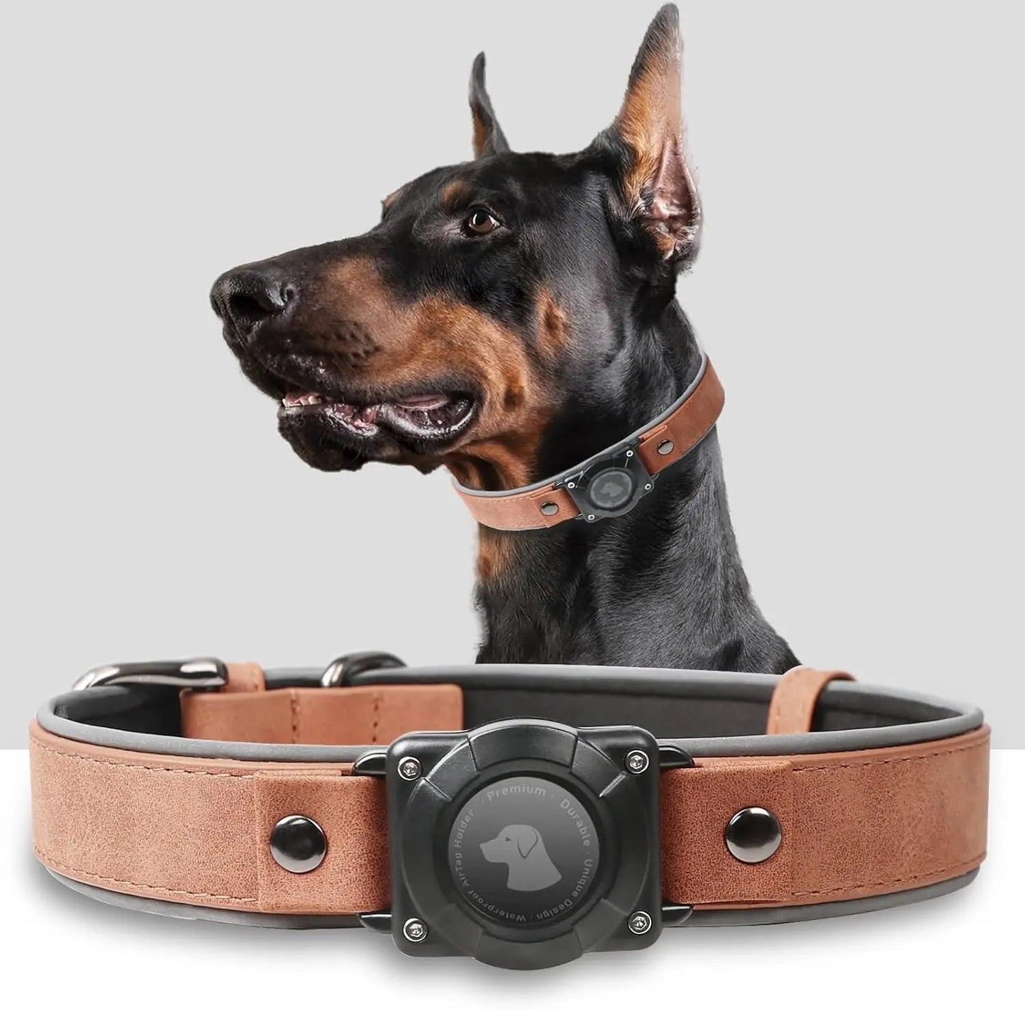 Collar de Cuero para Perro con Porta AirTag Integrado | Diseño Reflectivo Ajustable