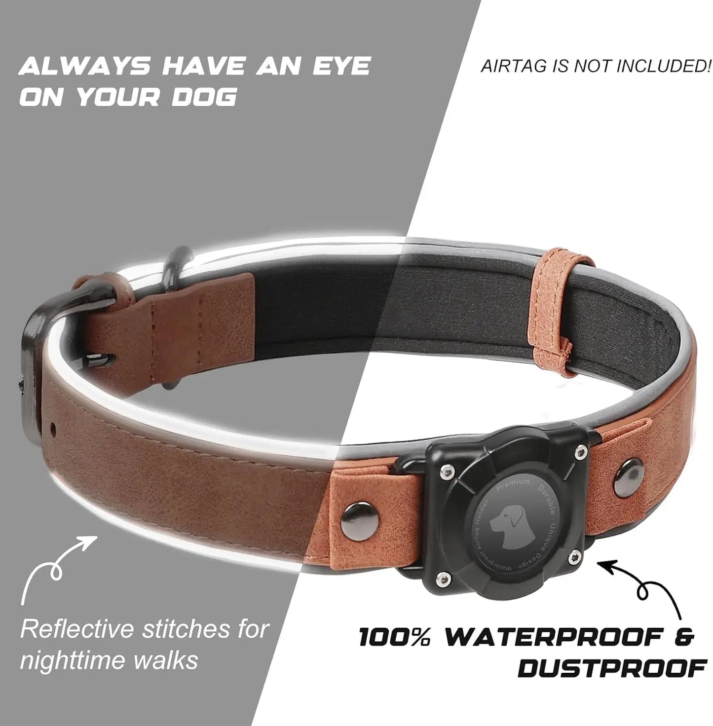 Collar de Cuero para Perro con Porta AirTag Integrado | Diseño Reflectivo Ajustable