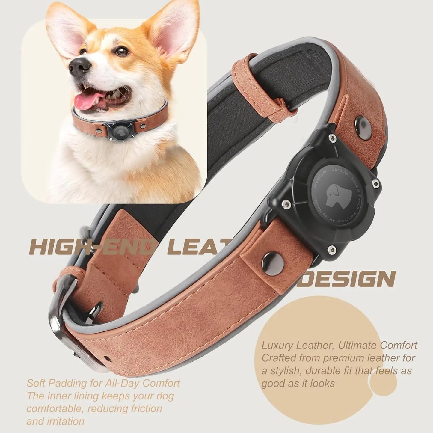 Collar de Cuero para Perro con Porta AirTag Integrado | Diseño Reflectivo Ajustable