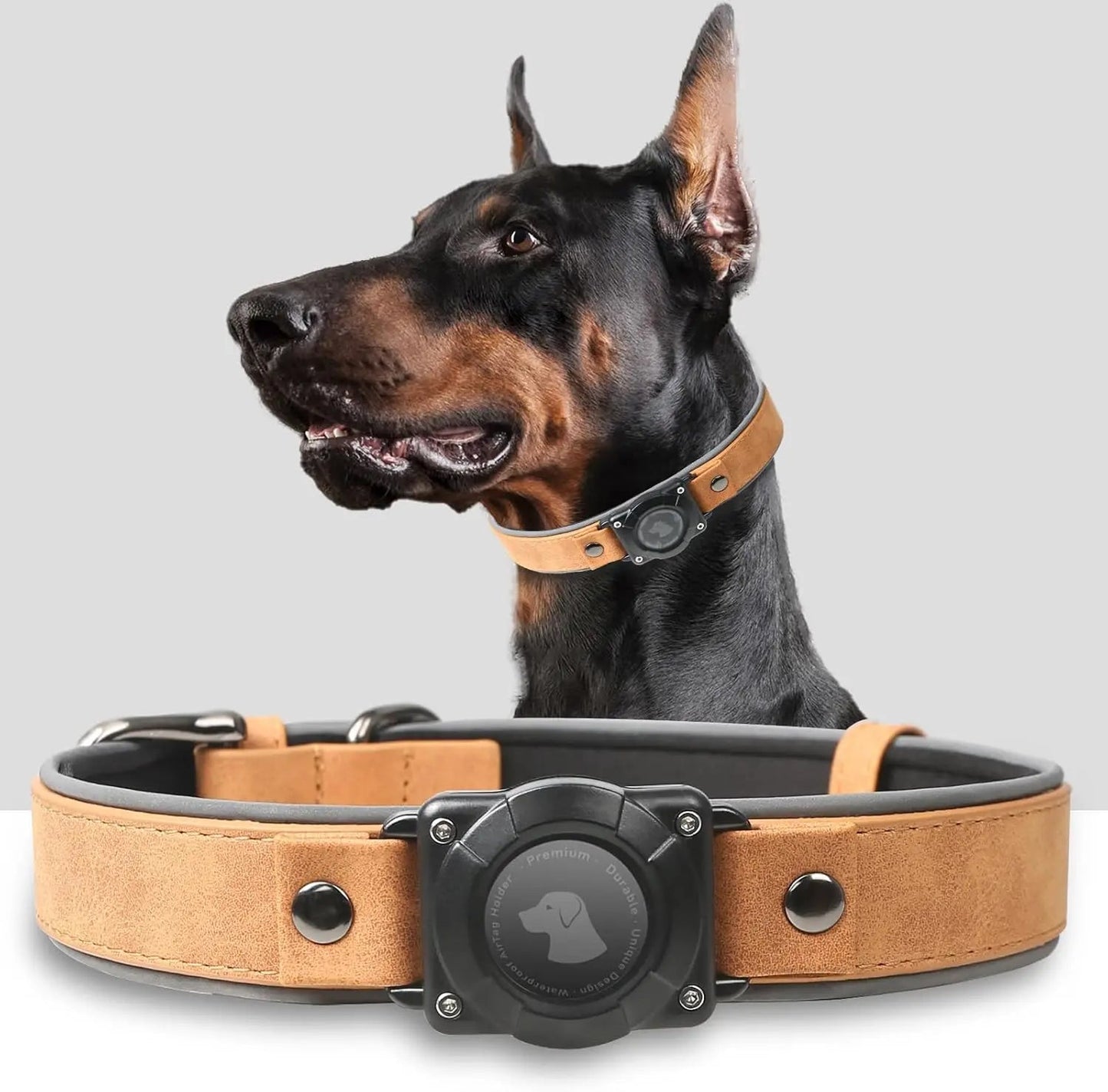 Collar de Cuero para Perro con Porta AirTag Integrado | Diseño Reflectivo Ajustable